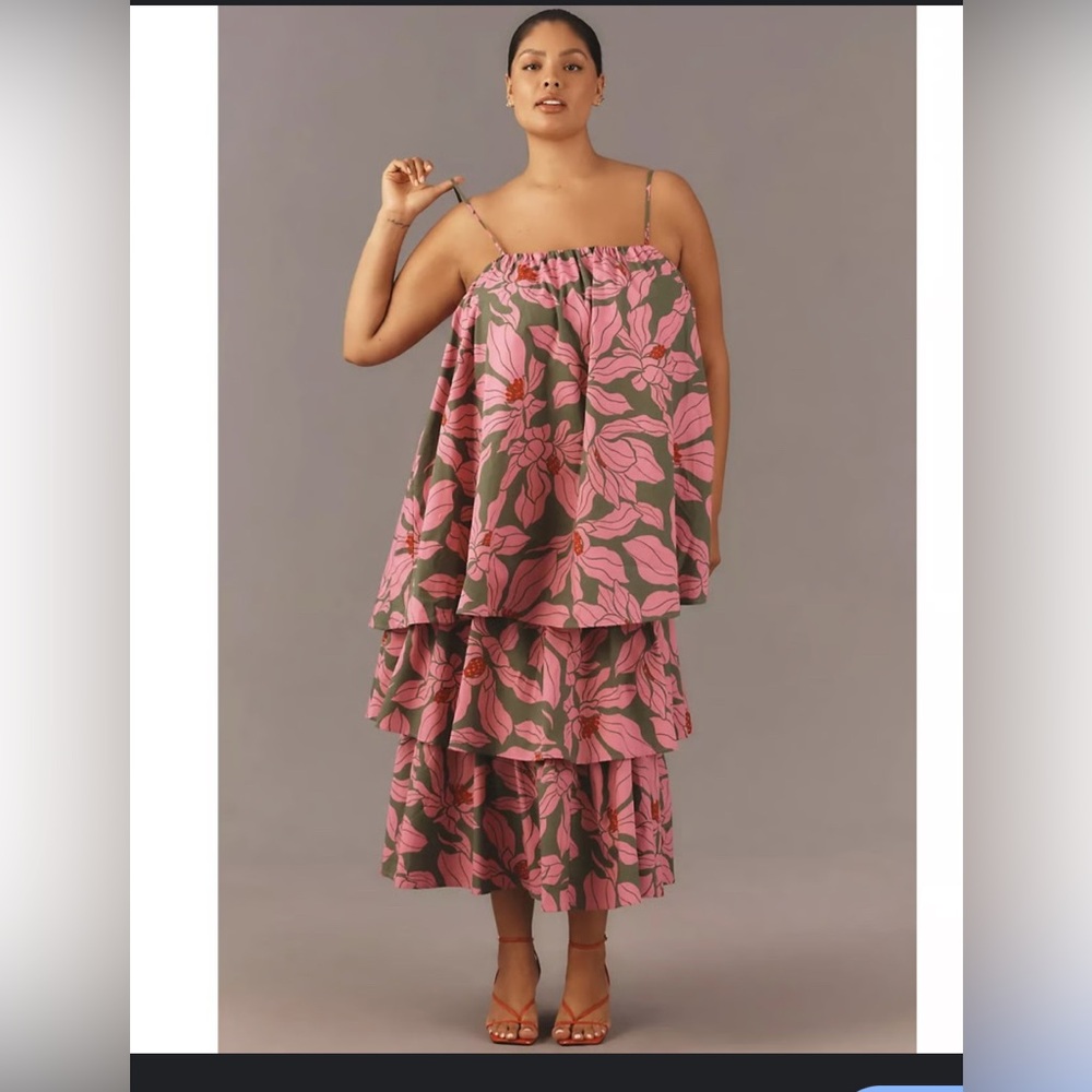 Anthropologie Corey Lynn Calter Pink Floral Tiered Midi Dress Tie Shoulder Large - Picture 2 of 7